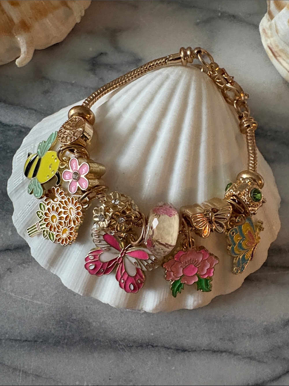 Gold-Tone Floral & Butterfly Charm Bracelet - Pink Accents